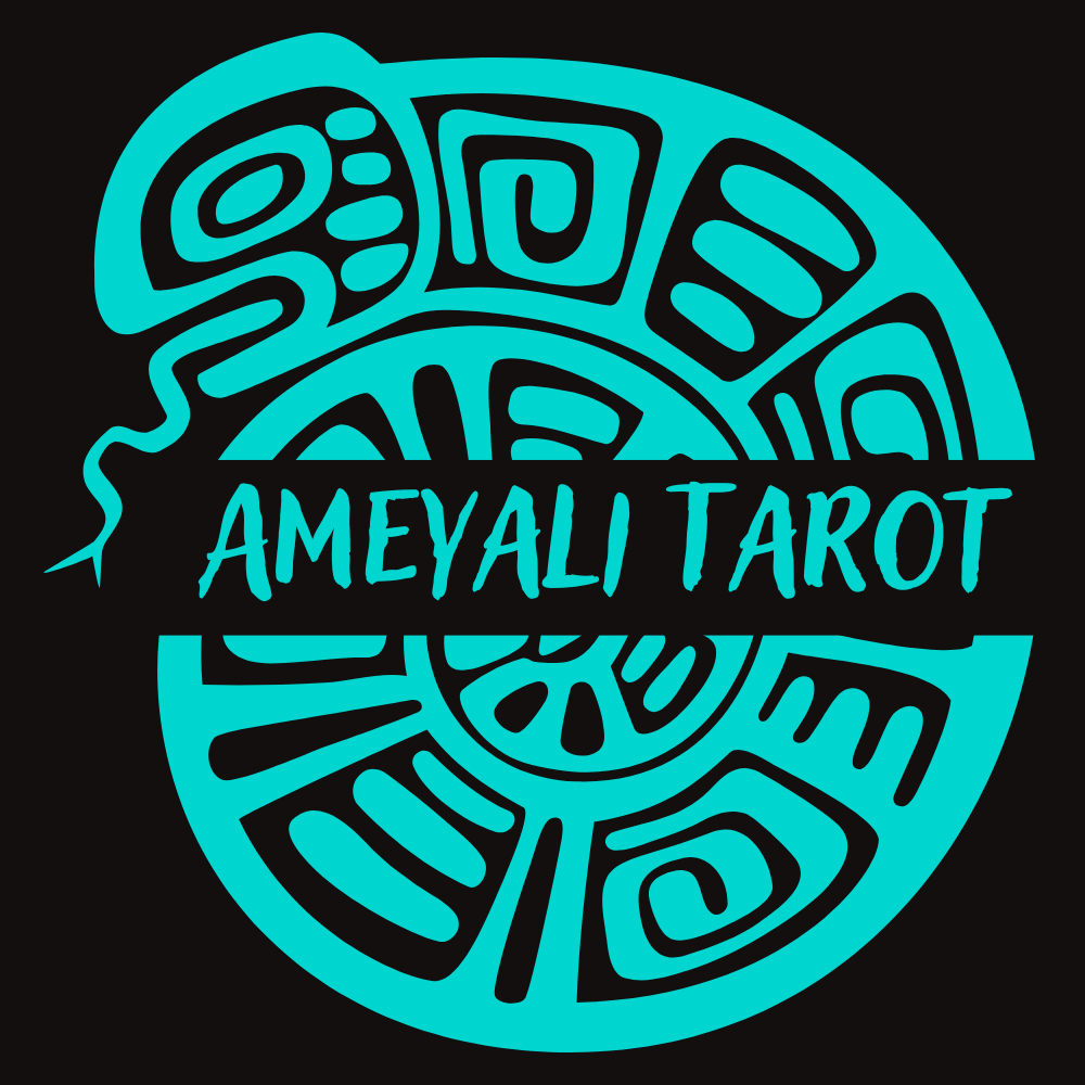 Bright turquoise Ameyali Tarot logo with a native spiral snake and geometric design on a black background.